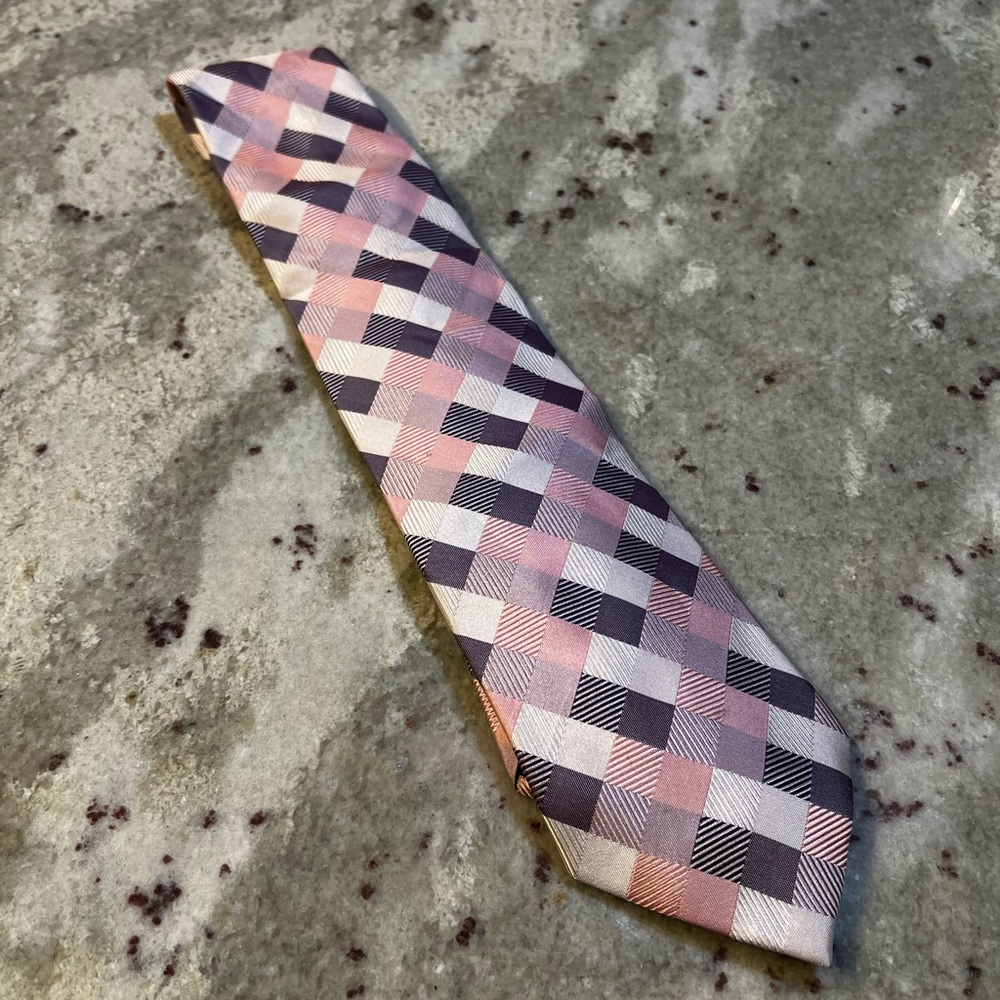 Farentino Ferre Pure‎ Silk Tie Pink Purple Silver Geometric Checkered Handmade